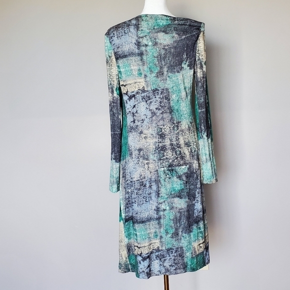 Piazza Sempione Abstract Green Long Sleeve Ruched Modest Designer Dress 42 EU - Picture 2 of 11
